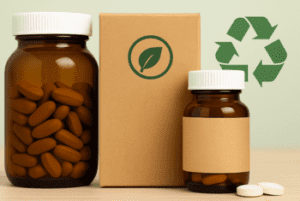 Illustration of pharmaceutical sustainable packaging with eco-friendly pill bottles, recyclable carton, PVC-free blister pack, and Bioaltus branding, highlighting green practices and environmental responsibility,