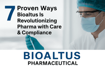 7 Proven Ways Bioaltus Is Revolutionizing Pharma with Care & Compliance – Digital promotional image featuring a lab professional in protective gear and the Bioaltus Pharmaceutical logo.