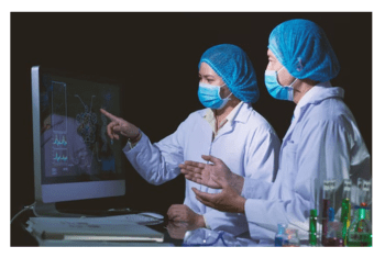 Technicians working in a high-tech Indian pharmaceutical lab with robotic systems, digital monitors, and automated packaging equipment, showcasing innovation and growth.