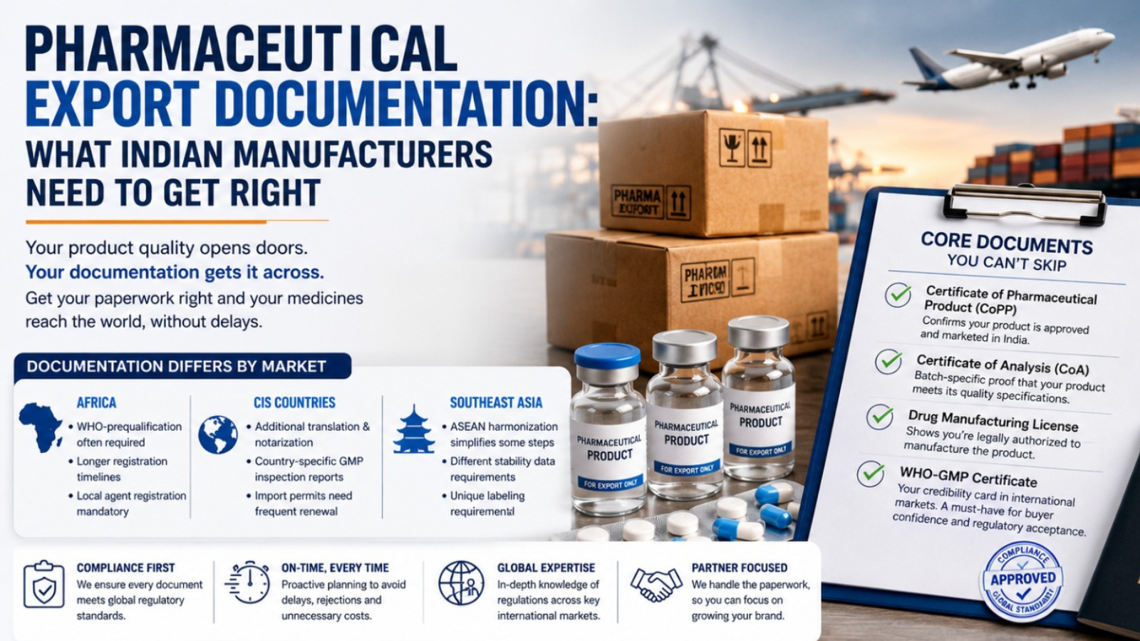Pharmaceutical export documentation checklist infographic by Bioaltus