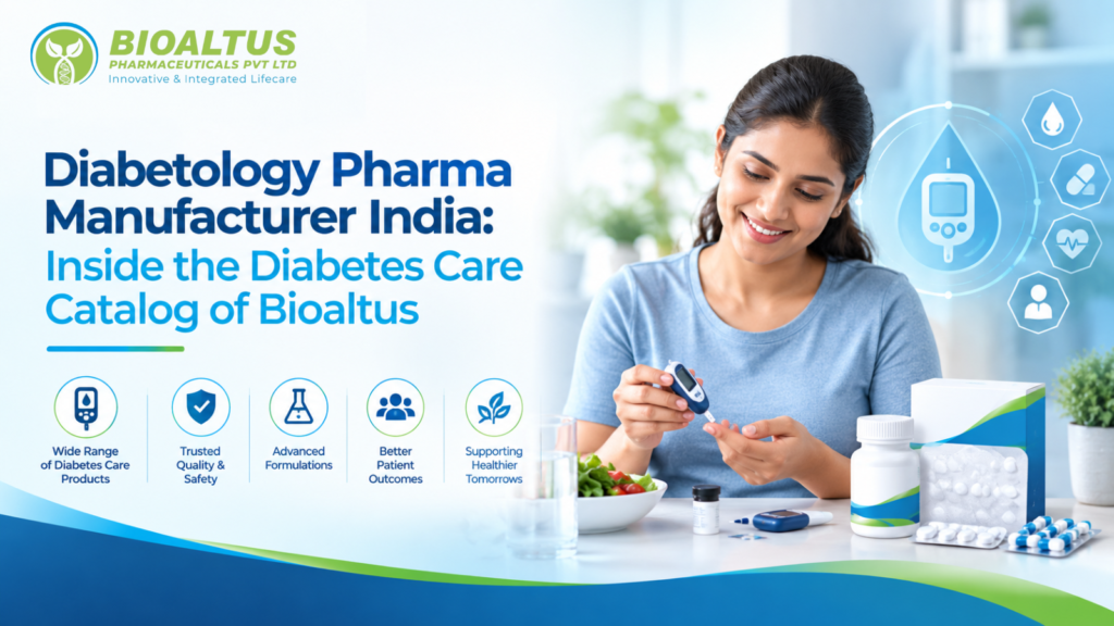Diabetology pharma manufacturer India infographic showing Bioaltus's diabetes care product range