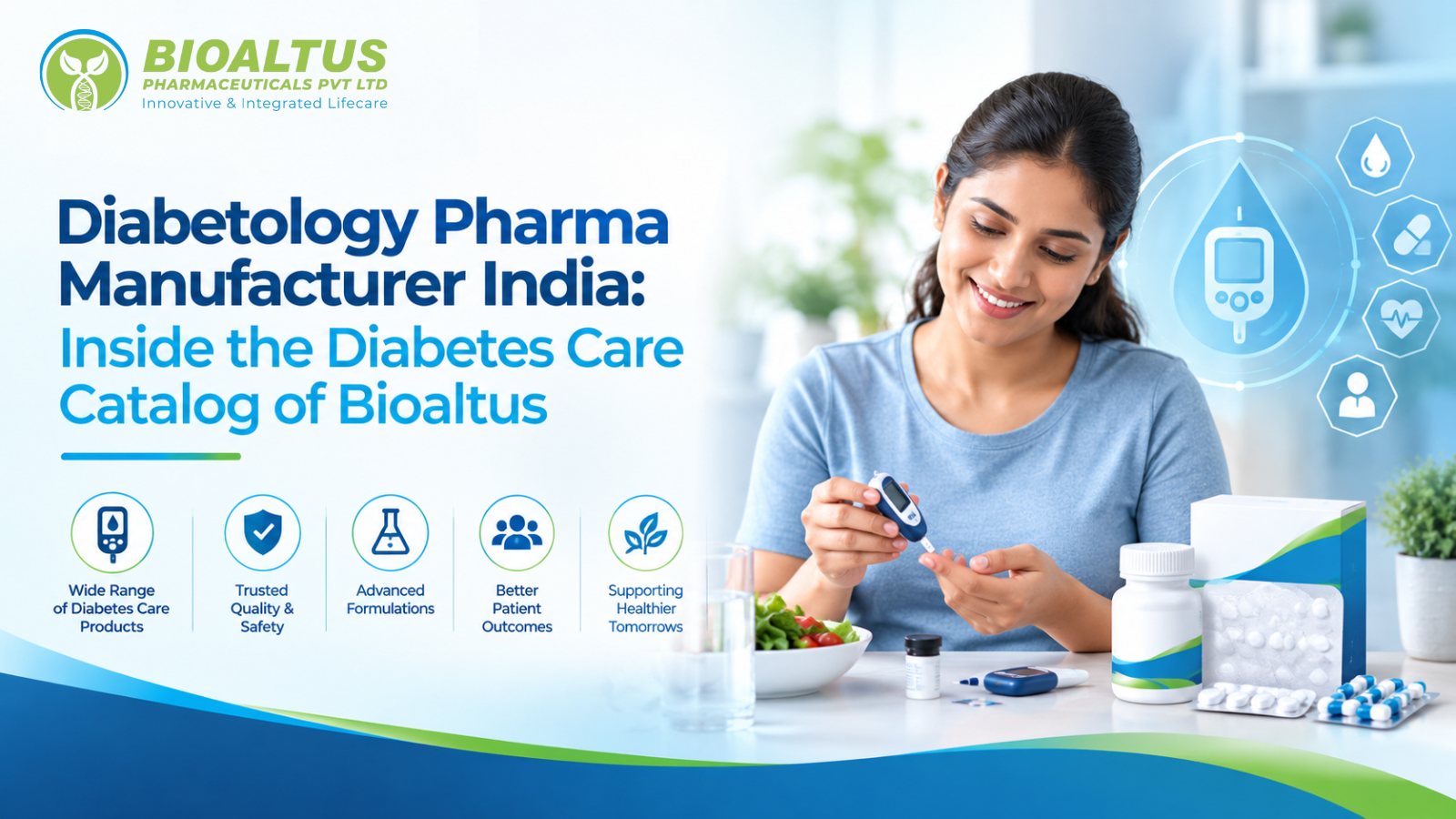 Diabetology pharma manufacturer India infographic showing Bioaltus's diabetes care product range