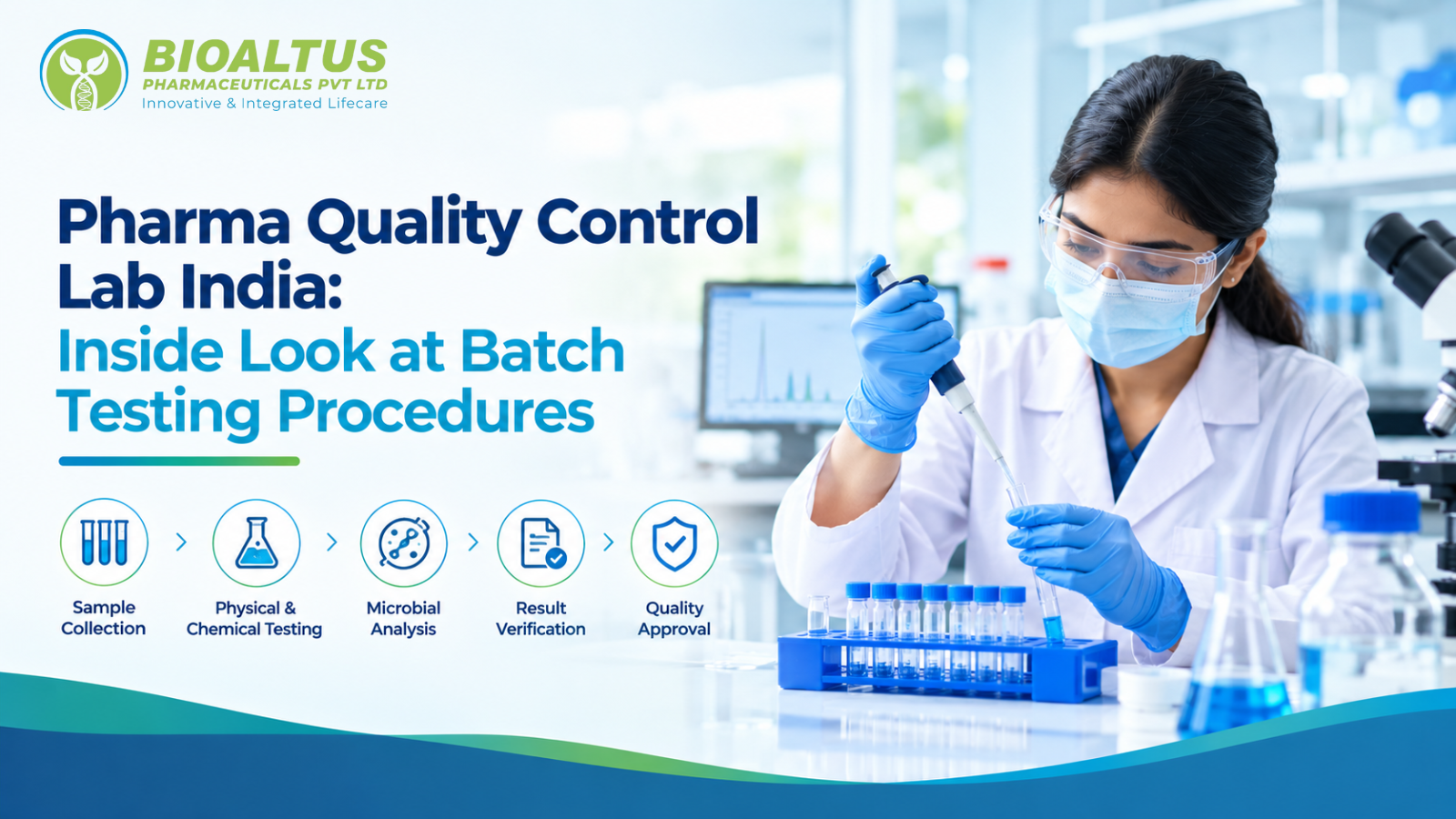 Pharma quality control lab India batch testing procedure infographic