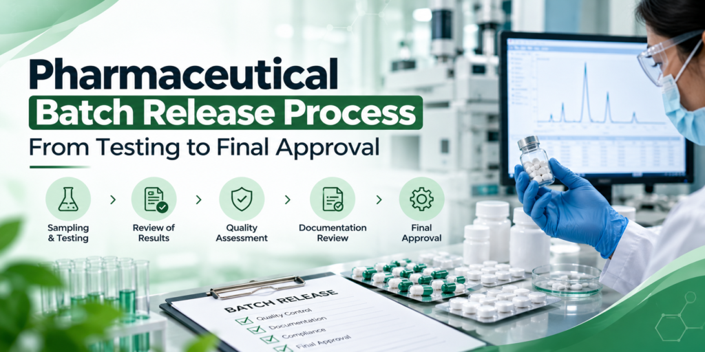 Pharmaceutical batch release process showing laboratory testing, quality assurance, documentation review and final approval.