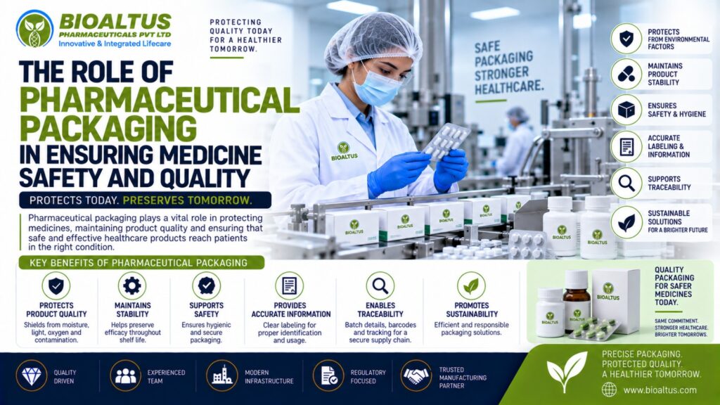 Pharmaceutical packaging process showing medicine bottles, blister packs and quality control